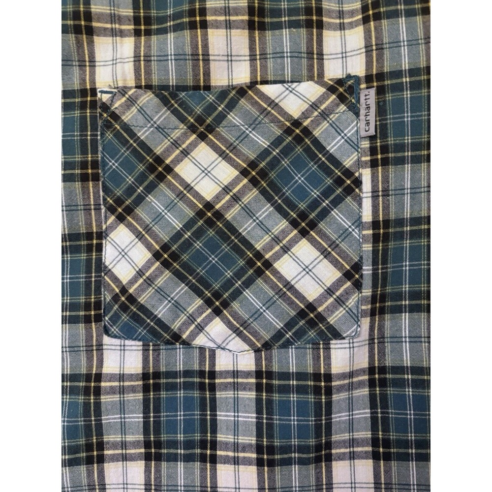 Carhartt Rugged Flannel Shirt Button‎ Up Adult Large Green Blue Plaid Pockets - Picture 4 of 6